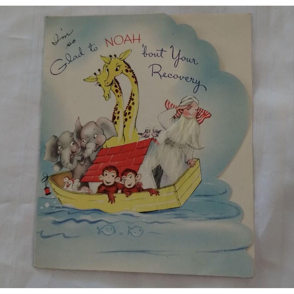 Vintage Get Well Card Noahs Ark Embellished Fuzzy Beard Animals Mid Century